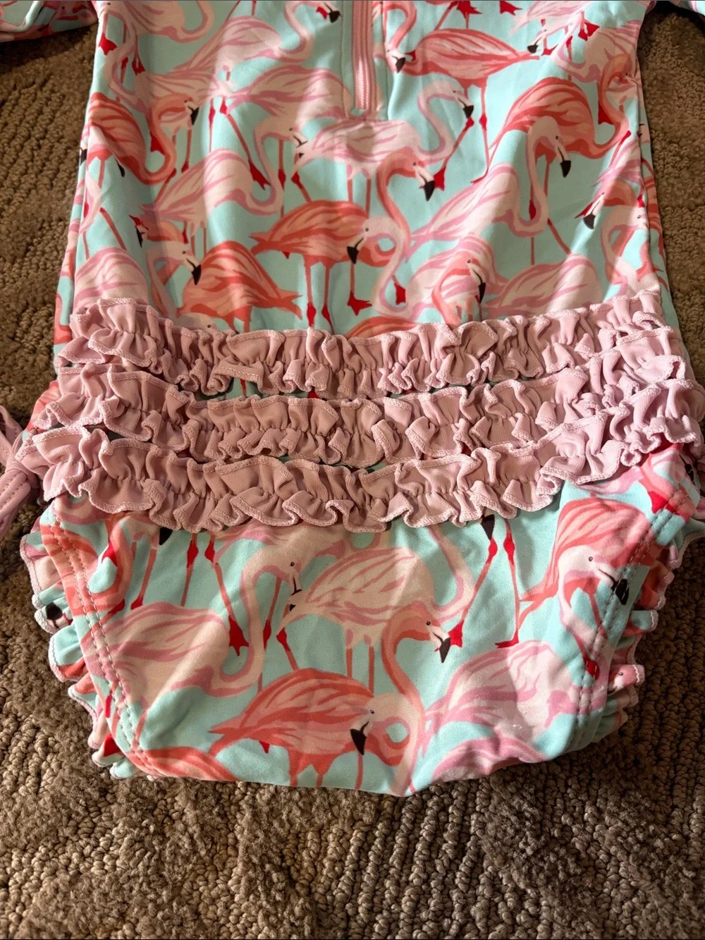 Ruffle Butts Pink Flamingo Print Rashguard - Aqua Base